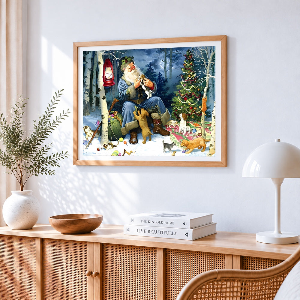 Father christmas in snowy woodland with puppies cross stitch artwork displayed on wall as home decor