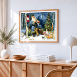 Father christmas in snowy woodland with puppies cross stitch artwork displayed on wall as home decor