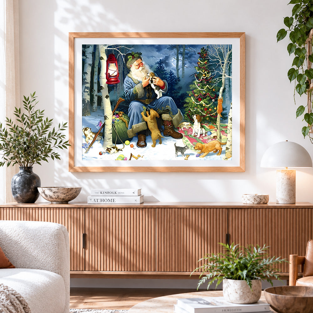Finished father christmas in snowy woodland with puppies paint by numbers artwork displayed as home decor