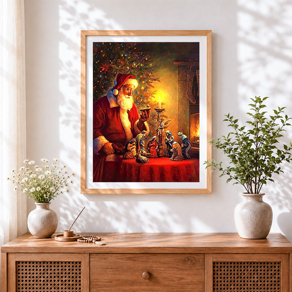 Finished father christmas looking at a nativity scene cross stitch artwork displayed