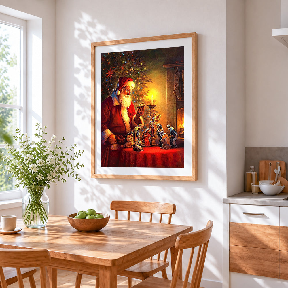 Father christmas looking at a nativity scene cross stitch artwork displayed on wall as home decor