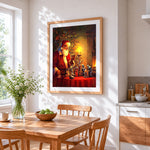 Father christmas looking at a nativity scene cross stitch artwork displayed on wall as home decor