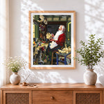 Finished father christmas making toys cross stitch artwork displayed