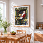 Father christmas making toys cross stitch artwork displayed on wall as home decor