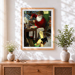Finished father christmas making toys with puppies cross stitch artwork displayed