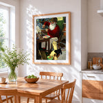 Father christmas making toys with puppies cross stitch artwork displayed on wall as home decor