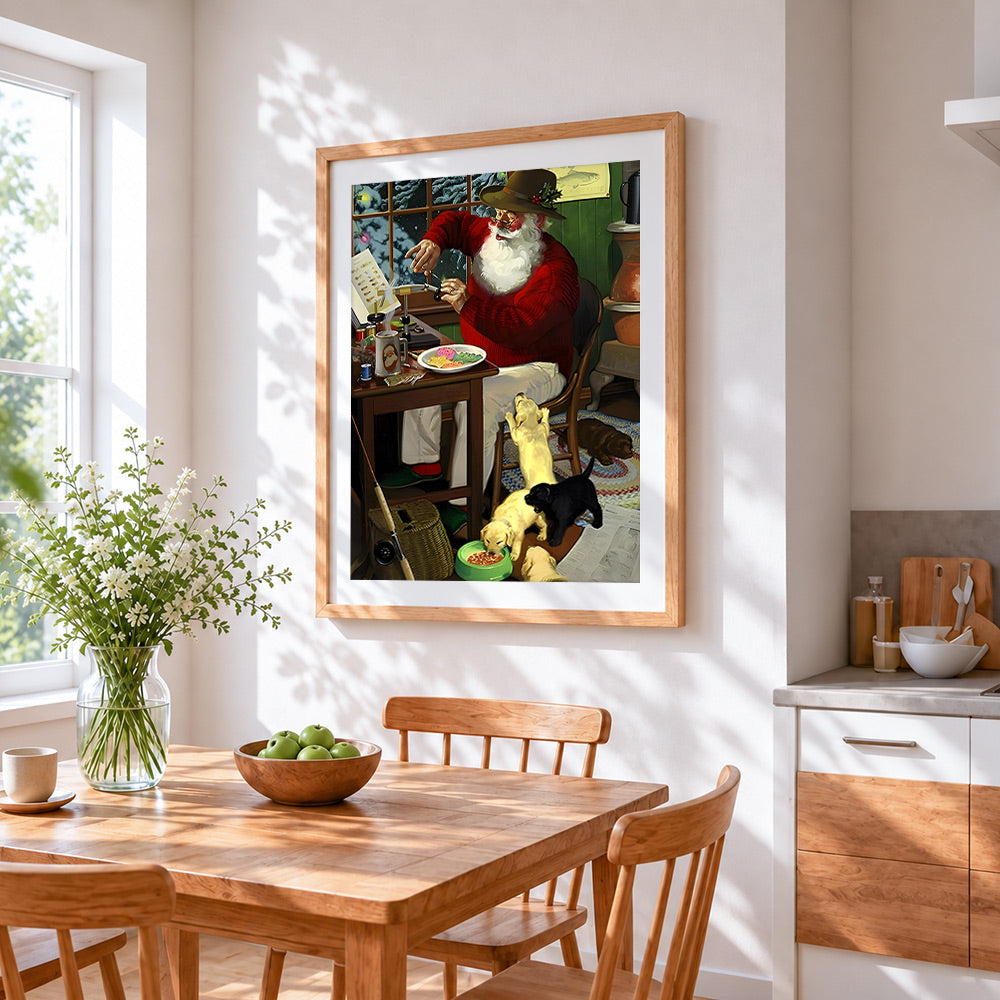 Father christmas making toys with puppies cross stitch artwork displayed on wall as home decor