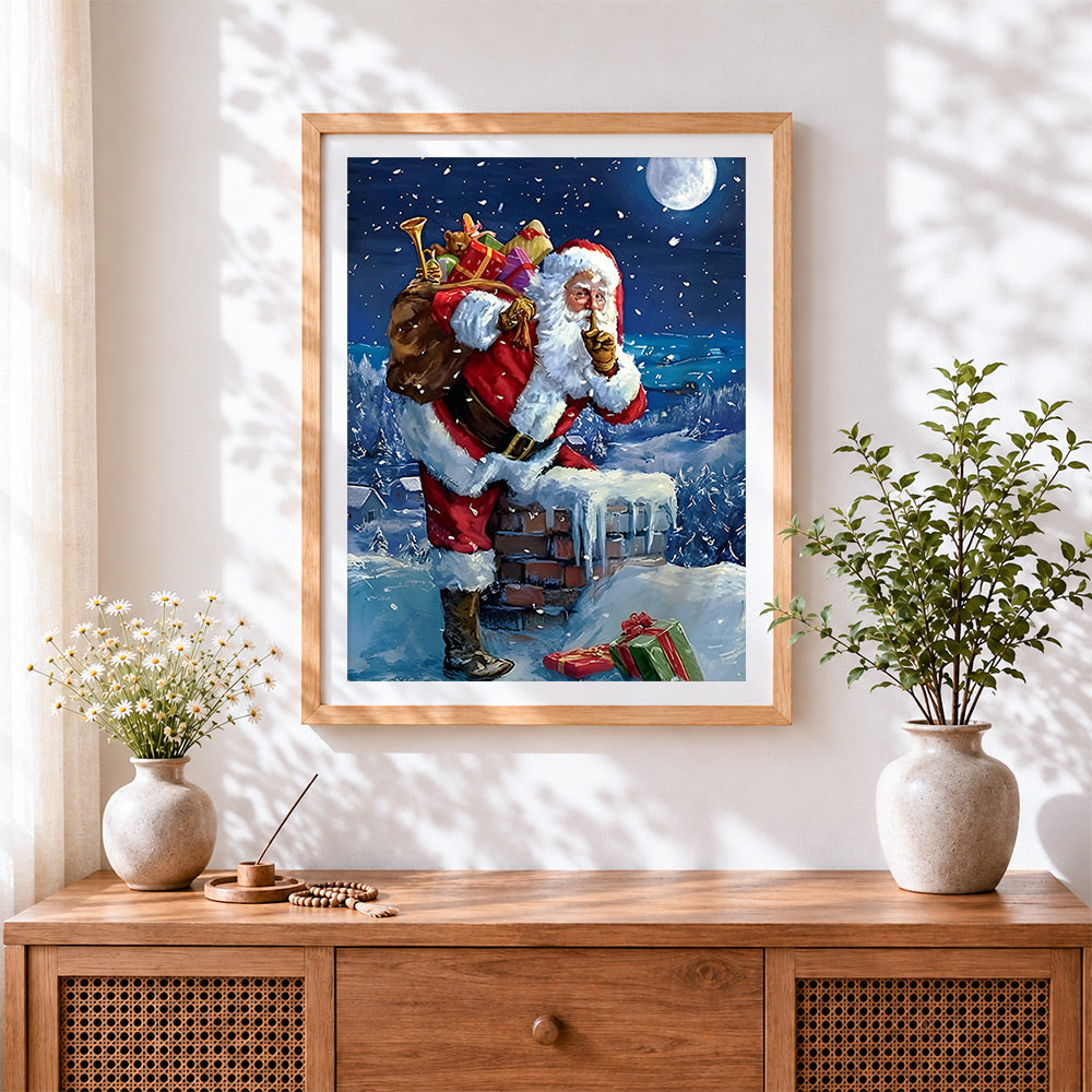 Finished father christmas on a snowy roof cross stitch artwork displayed