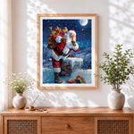 Finished father christmas on a snowy roof cross stitch artwork displayed