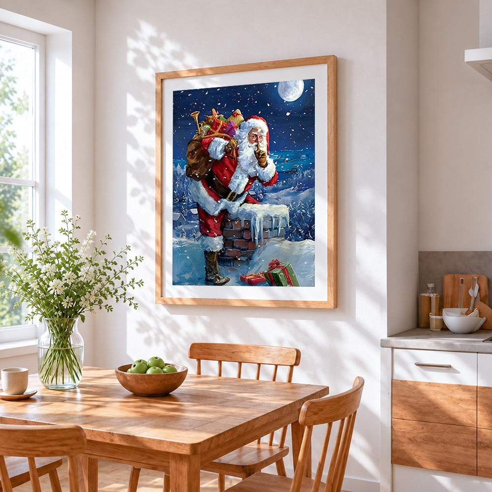 Father christmas on a snowy roof cross stitch artwork displayed on wall as home decor