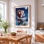 Father christmas on a snowy roof cross stitch artwork displayed on wall as home decor