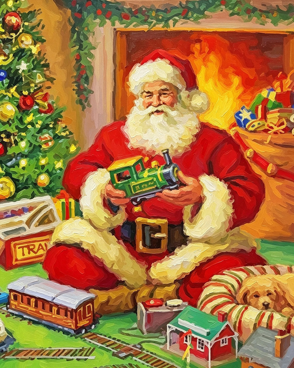 Father christmas playing with a toy train cross stitch kit for beginners
