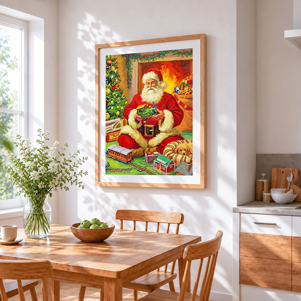 Father christmas playing with a toy train cross stitch artwork displayed on wall as home decor