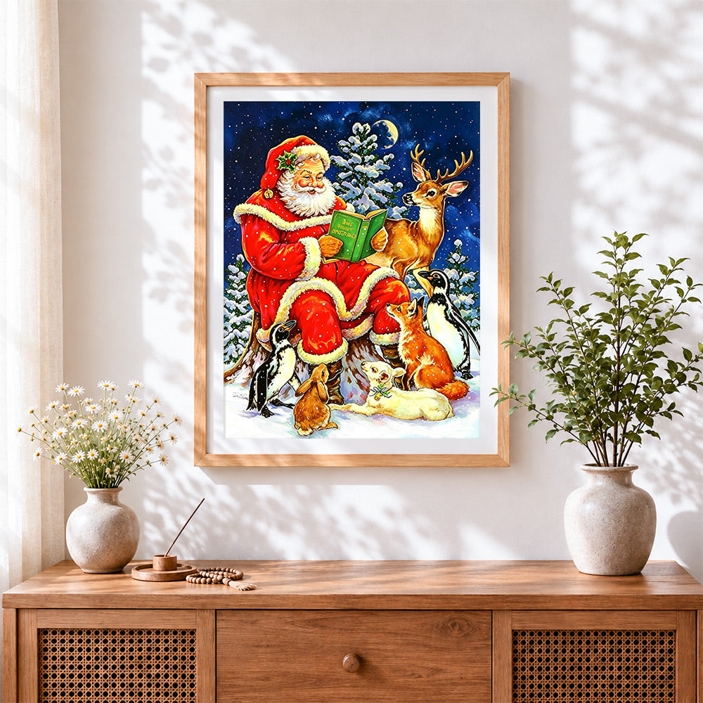 Finished father christmas reading to woodland animals cross stitch artwork displayed