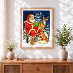 Finished father christmas reading to woodland animals cross stitch artwork displayed