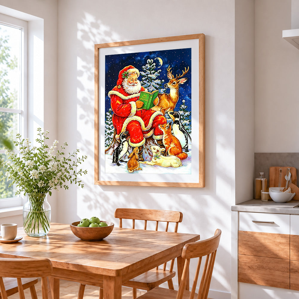 Father christmas reading to woodland animals cross stitch artwork displayed on wall as home decor