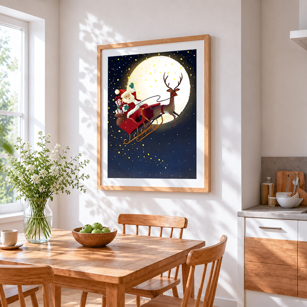 Father christmas sleigh ride over the moon paint by numbers artwork displayed on wall as home decor