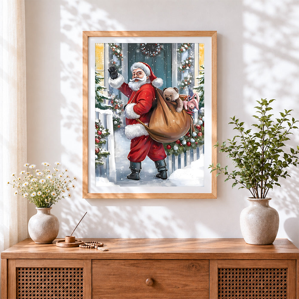 Finished father christmas waving with a sack of toys cross stitch artwork displayed