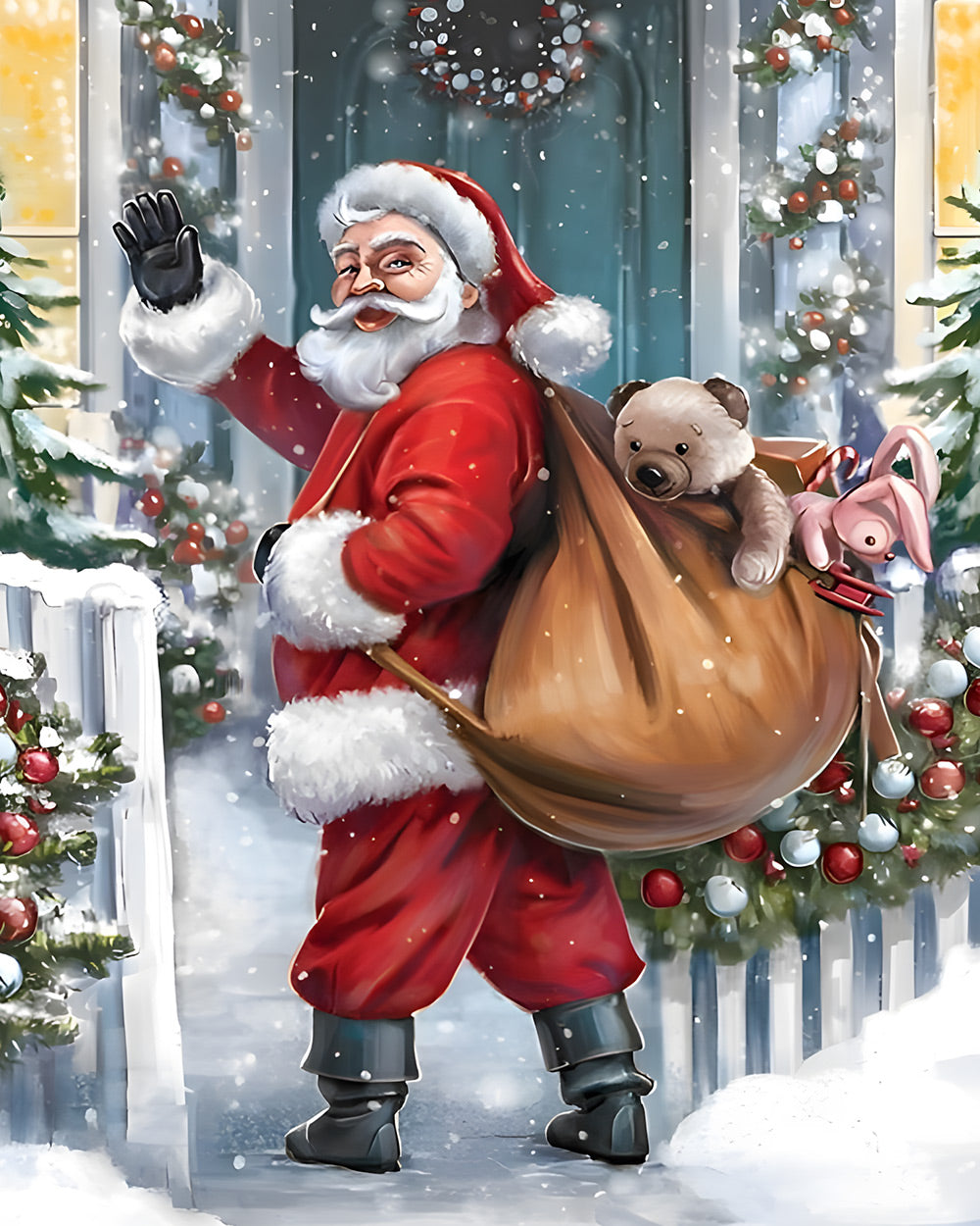 Father christmas waving with a sack of toys cross stitch kit for beginners