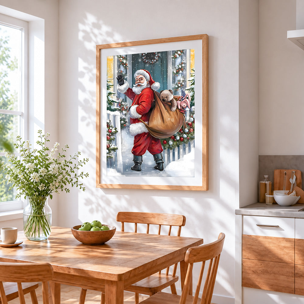 Father christmas waving with a sack of toys cross stitch artwork displayed on wall as home decor