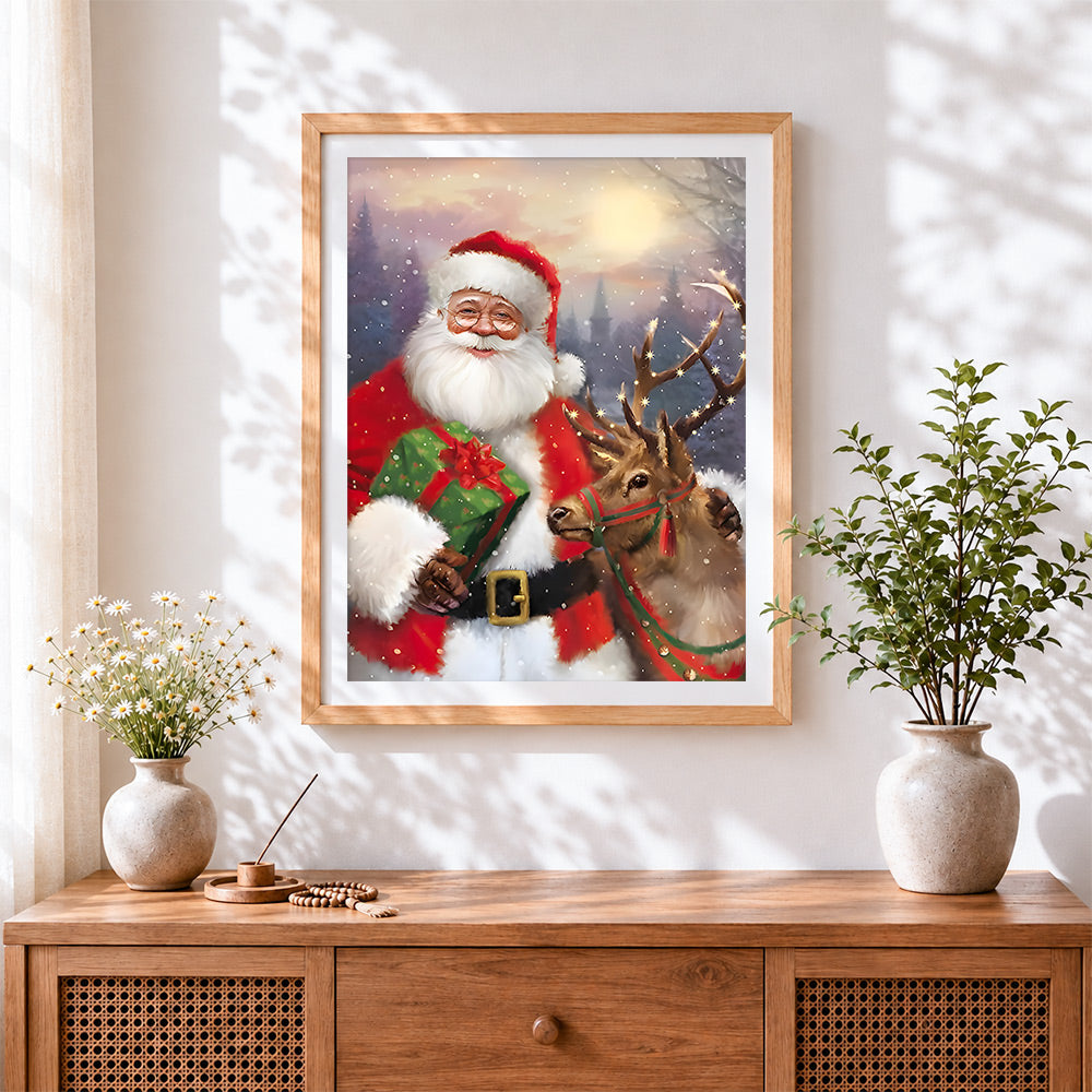 Finished father christmas with a glowing antler reindeer cross stitch artwork displayed
