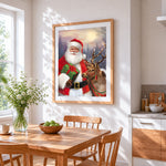 Father christmas with a glowing antler reindeer cross stitch artwork displayed on wall as home decor