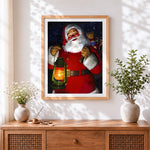 Finished father christmas with a lantern cross stitch artwork displayed