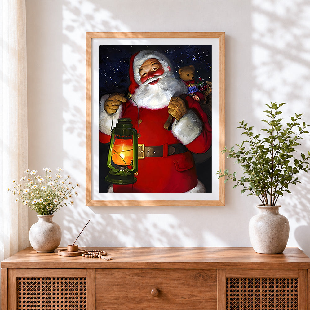 Finished father christmas with a lantern paint by numbers artwork displayed as home decor