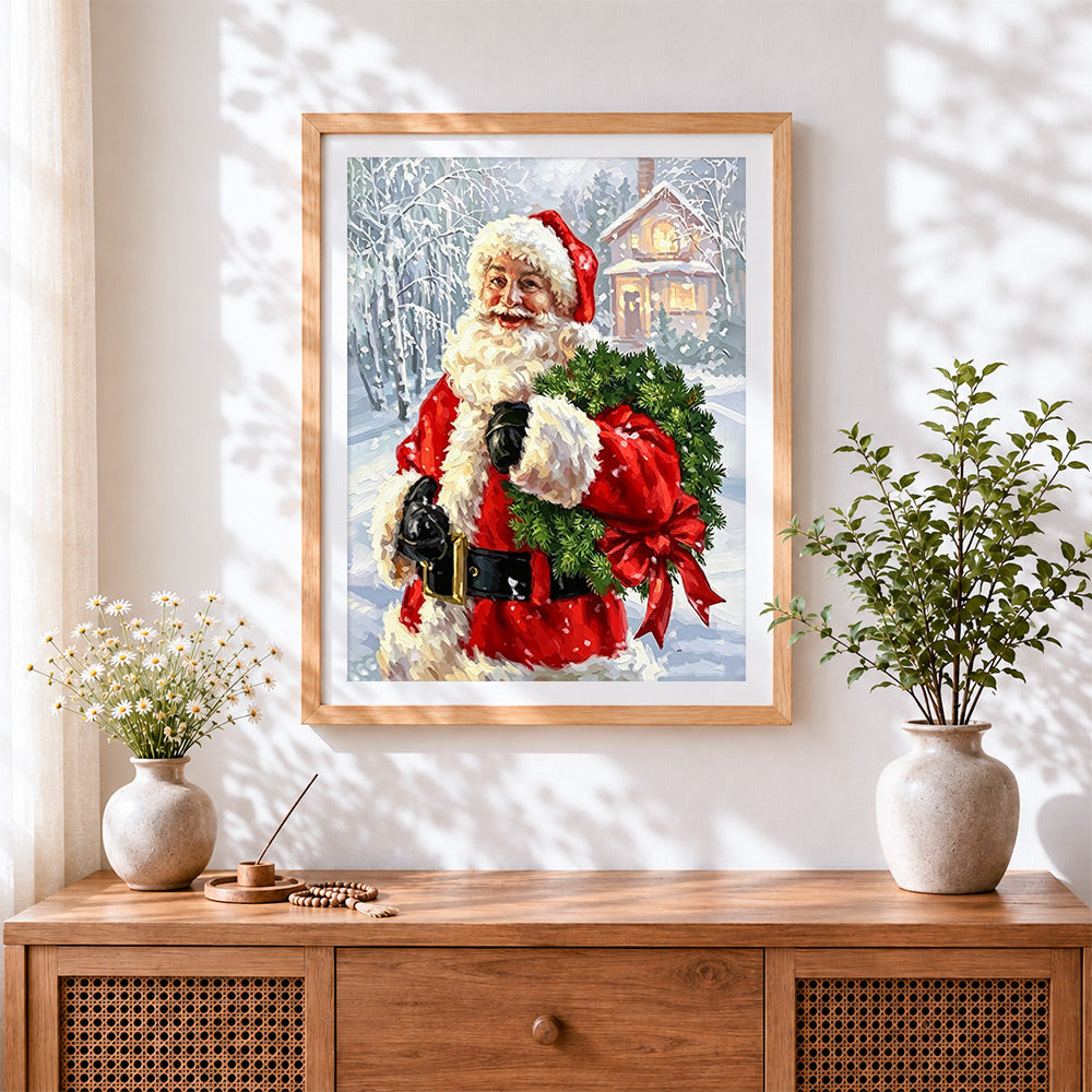 Finished father christmas with a pine wreath cross stitch artwork displayed
