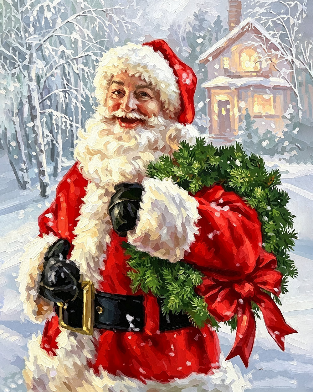Father christmas with a pine wreath cross stitch kit for beginners