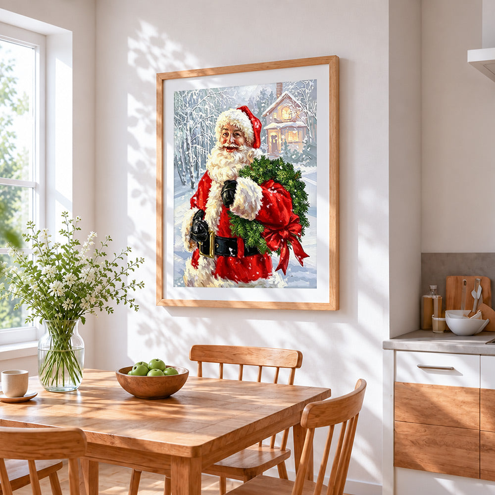 Father christmas with a pine wreath cross stitch artwork displayed on wall as home decor