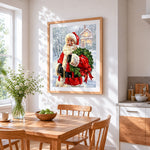 Father christmas with a pine wreath cross stitch artwork displayed on wall as home decor