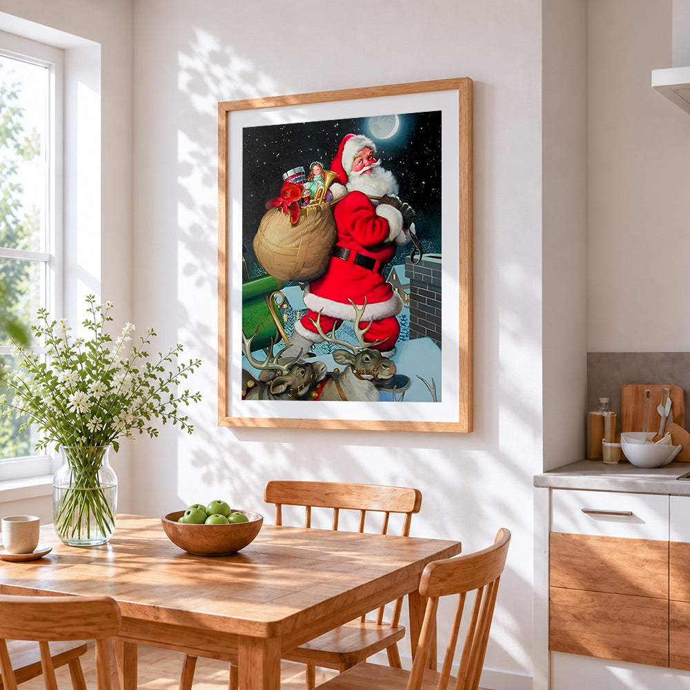 Father christmas with a sack of presents cross stitch artwork displayed on wall as home decor
