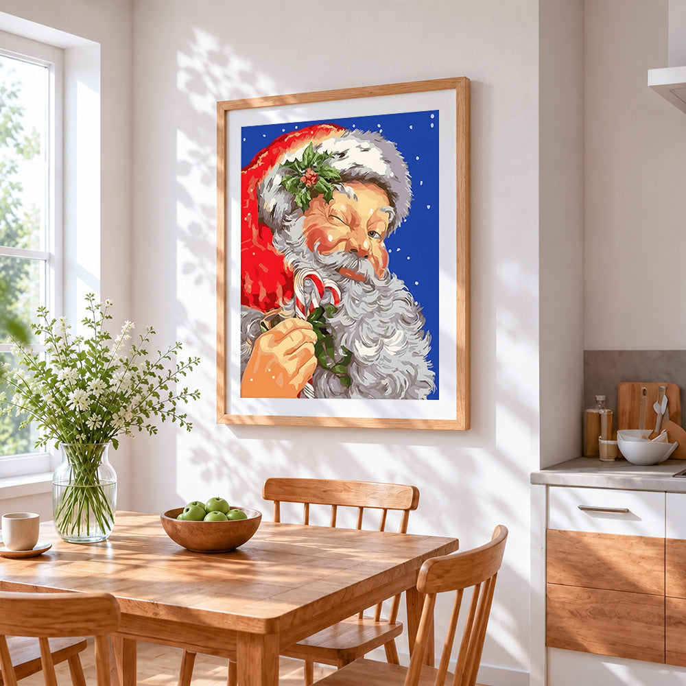 Father christmas with candy cane cross stitch artwork displayed on wall as home decor