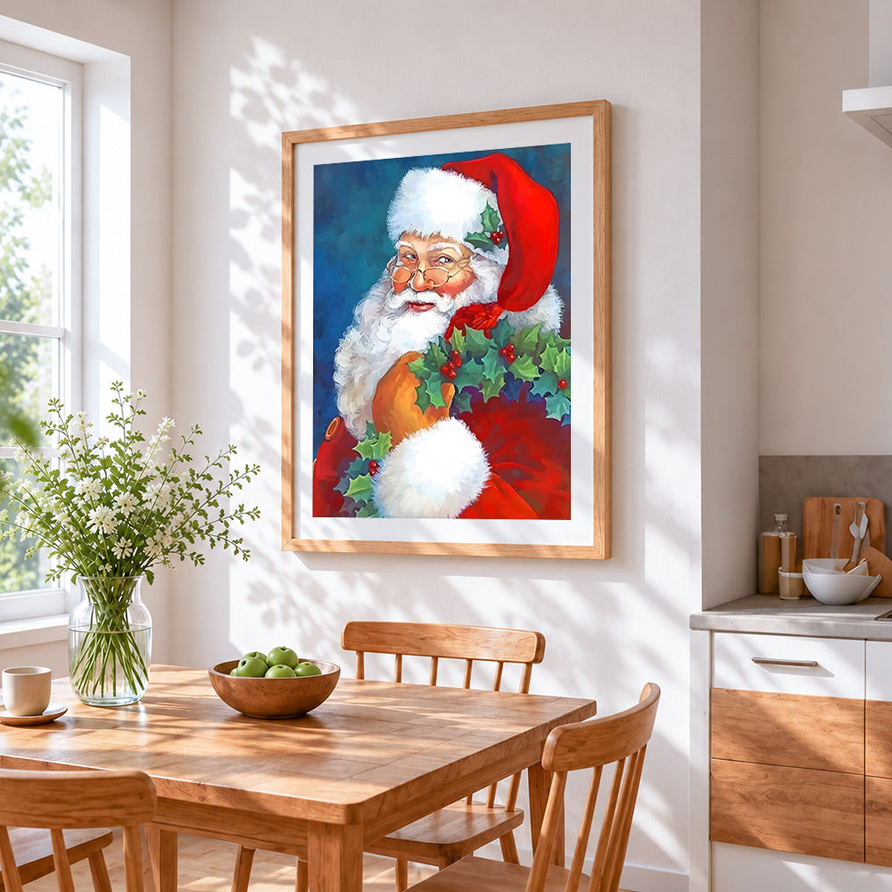 Father christmas with holly wreath cross stitch artwork displayed on wall as home decor