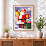 Finished father christmas with lantern and gifts cross stitch artwork displayed
