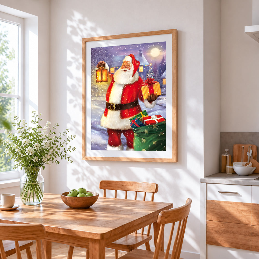 Father christmas with lantern and gifts cross stitch artwork displayed on wall as home decor