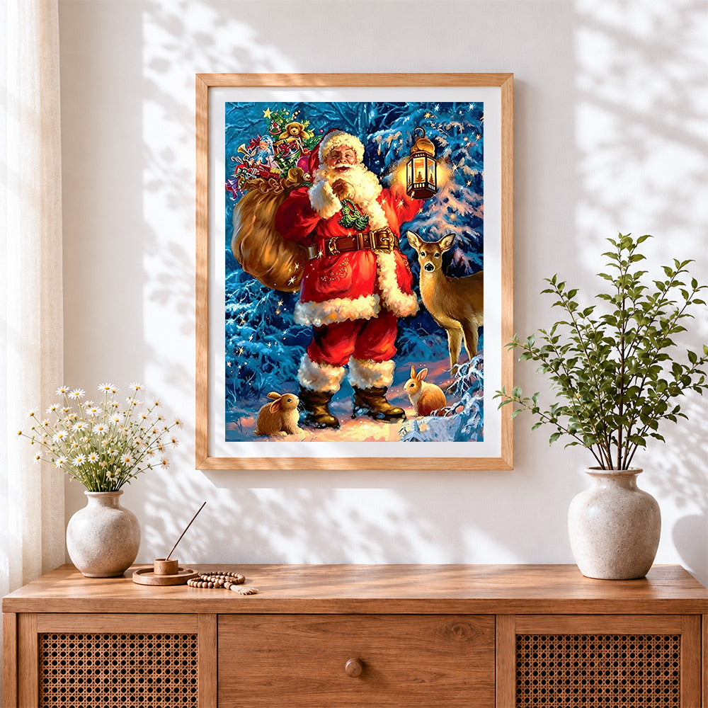 Finished Father christmas with lantern, deer and rabbits cross stitch artwork displayed