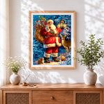 Finished Father christmas with lantern, deer and rabbits cross stitch artwork displayed