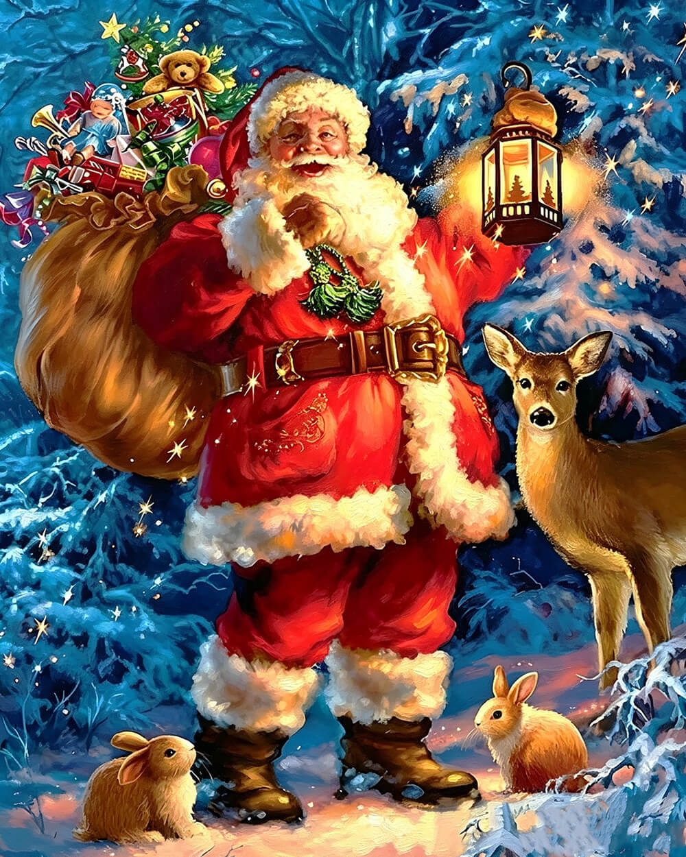 Father christmas with lantern, deer and rabbits cross stitch kit for beginners