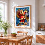 Father christmas with lantern, deer and rabbits cross stitch artwork displayed on wall as home decor