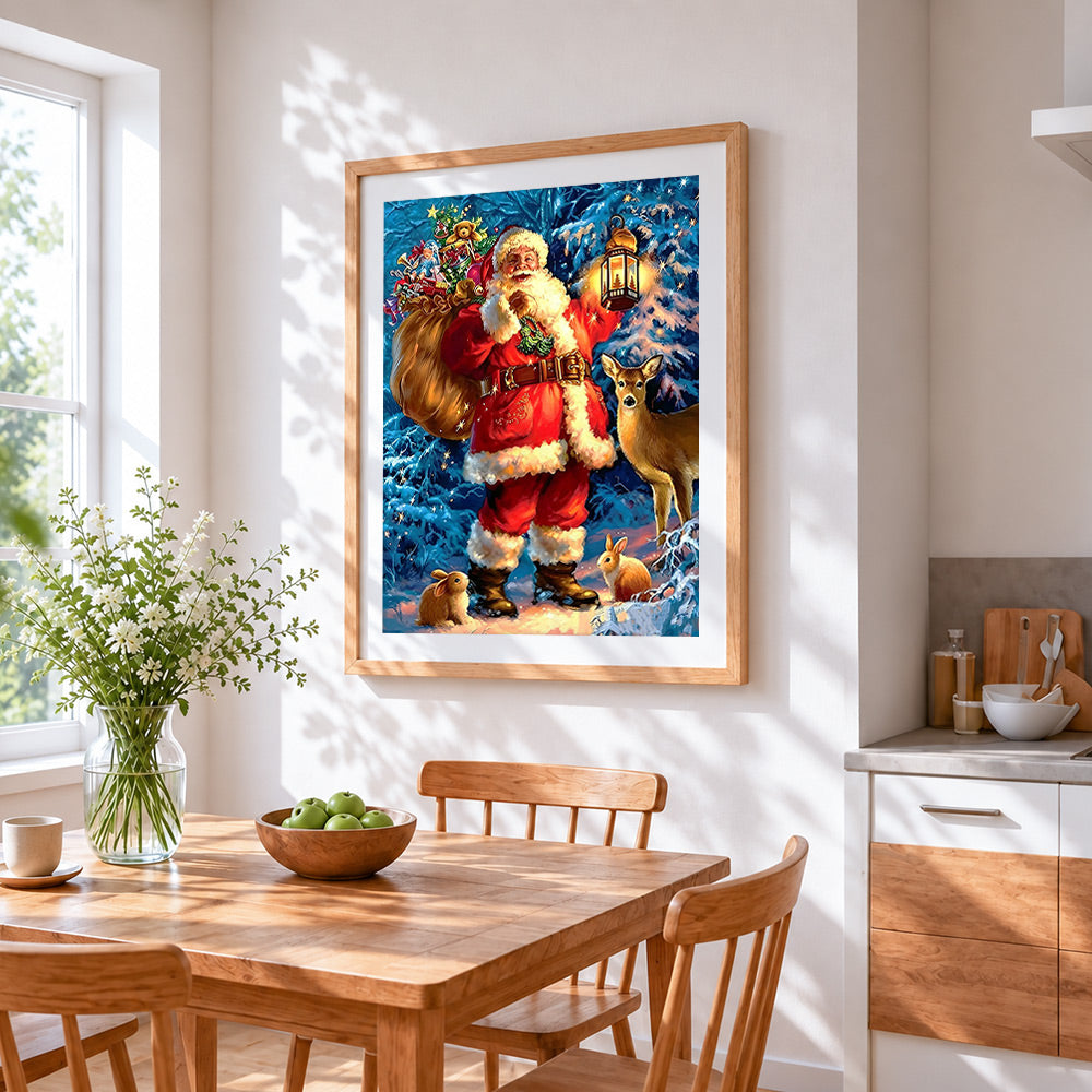 Father christmas with lantern, deer and rabbits cross stitch artwork displayed on wall as home decor