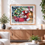 Finished father christmas with puppy and kitten by the fire cross stitch artwork displayed
