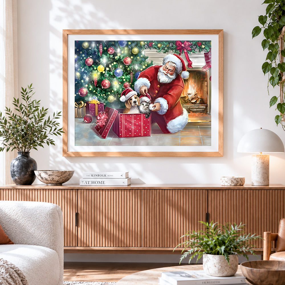 Finished father christmas with puppy and kitten by the fire cross stitch artwork displayed
