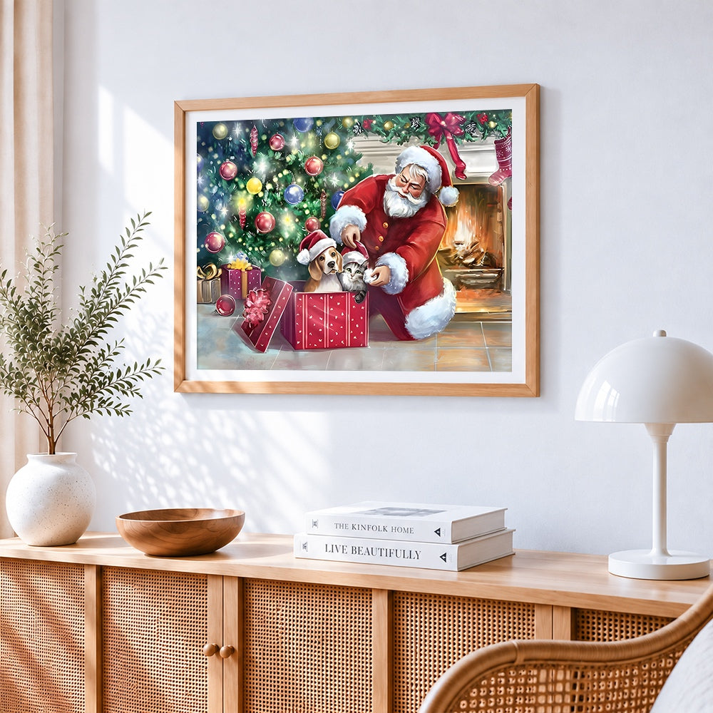 Father christmas with puppy and kitten by the fire cross stitch artwork displayed on wall as home decor