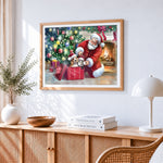 Father christmas with puppy and kitten by the fire cross stitch artwork displayed on wall as home decor