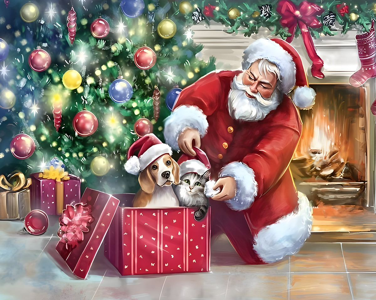 Father christmas with puppy and kitten by the fire paint by numbers kit for beginners