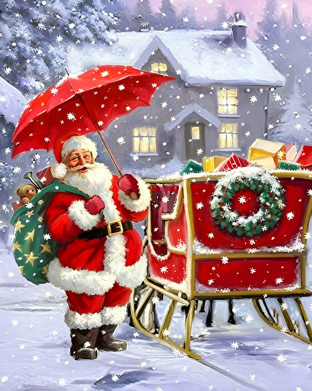 Father christmas with red umbrella and sleigh cross stitch kit for beginners