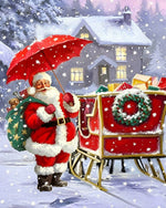 Father christmas with red umbrella and sleigh cross stitch kit for beginners