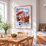Father christmas with red umbrella and sleigh cross stitch artwork displayed on wall as home decor